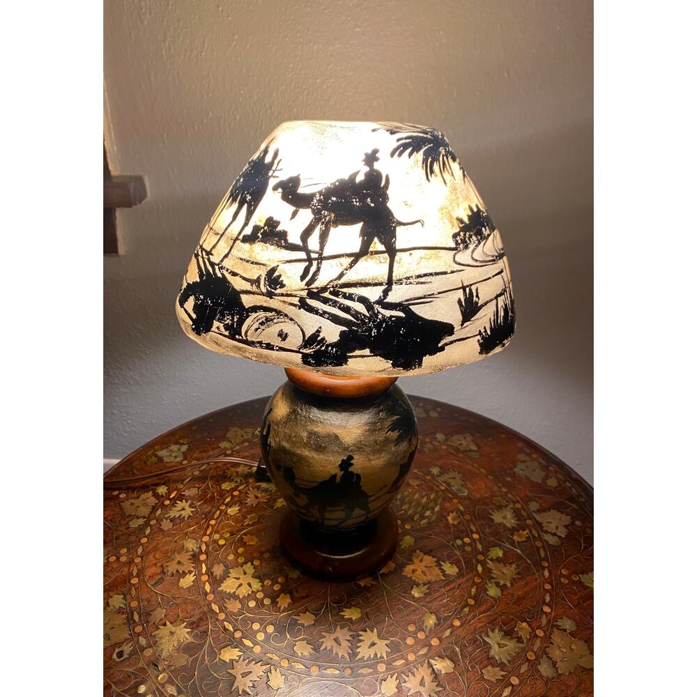 Vintage Camel Skin Style Lamp Hand Painted Desert Scene Parchment Shade